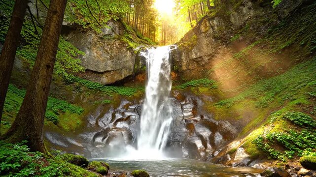A serene waterfall cascades down a rocky slope in a lush forest, surrounded by moss and trees, with sunlight filtering through