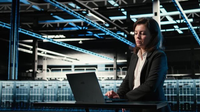 Data center software developer optimizing server load balancing using laptop. Woman in server farm at desk adjusting system parameters on notebook to improve efficiency, camera A