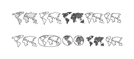 World map outline icon set. Geography, global, continent, earth icons collection.