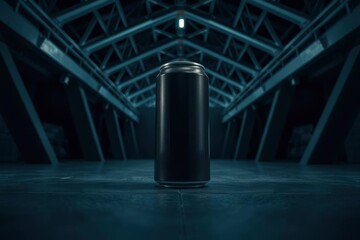 A black metallic can stands on a dark floor within a symmetrical blue-toned industrial hall featuring overhead truss structures and a central light