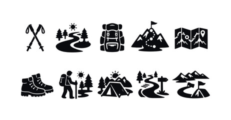 Fototapeta premium Hiking and camping silhouette icon set. Adventure, outdoor activity icon collection