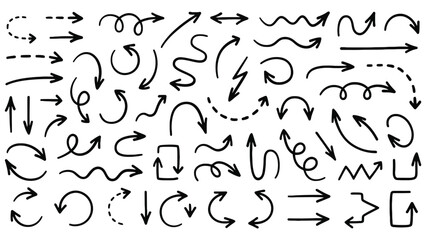 Collection of hand-drawn black arrows pointing in various directions isolated on a clean white background for design elements.