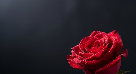 Red Rose with Dew on Dark Background