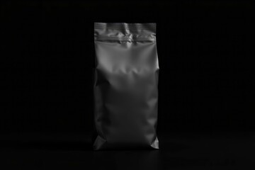 A dark matte stand-up pouch with a sealed ribbed top is centered on a dark surface against a black background showing subtle folds