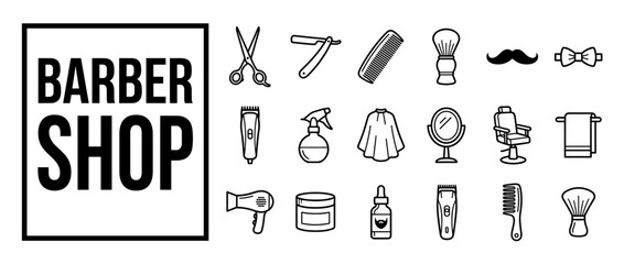 Fototapeta premium Barber Shop Icon Set with Grooming Tools Like Scissors, Straight Razor, Electric Clippers, Combs, Shaving Brush, Mirror, and Barber Chair in Minimalist Black and White Line Art Vector Illustration