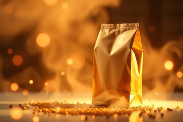 A golden stand-up pouch stands on a reflective surface surrounded by small golden pellets set against a blurred background of warm shimmering lights and soft haze