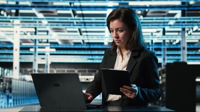 Data center specialist crosschecking settings between laptop and tablet, monitoring industrial systems. Server room computer scientist using devices to oversee network gear performance, camera B