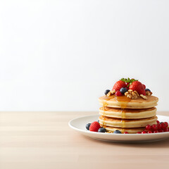 Realistic gourmet pancake stack with fruit, nuts, and light syrup