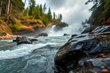 A low-angle view of a river with wet rocks in the foreground leading to a powerful waterfall amidst dense forest under a cloudy sky