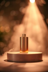 A metallic golden-toned cylindrical bottle with a cap stands on a round pedestal illuminated by a warm spotlight amidst a hazy bokeh-filled background