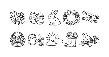 Easter, spring outline icon set. Bunny, egg, flower, wreath outline collection.