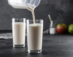 Pouring milk into a glass with apples in the background, depicting a fresh and healthy lifestyle choice.
