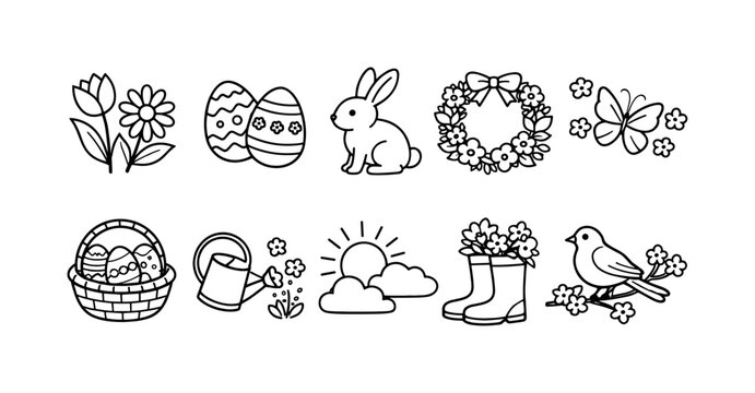 Easter, spring outline icon set. Bunny, egg, flower, wreath outline collection.