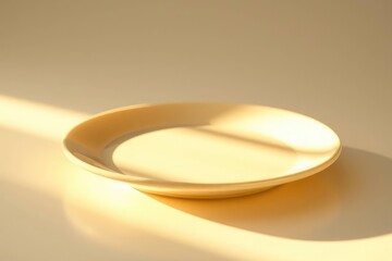 A round cream-colored plate is centered on a beige surface highlighted by bright sunlight and angular shadows