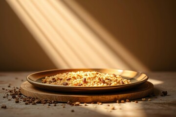 A shallow dish containing a textured food mixture on a wooden surface bathed in warm slanted light