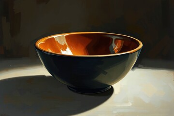 A still life painting depicts a dark bowl with a bright orange interior casting a shadow on a textured surface under focused lighting