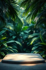 A stone pedestal curved at the front rests amidst dense green tropical foliage framed by palm fronds under dappled sunlight