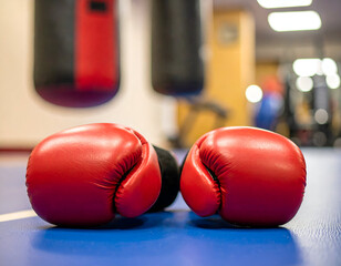 Red boxing gloves resting on a blue gym floor with punching bags in the background, conveying the readiness for training and fitness.