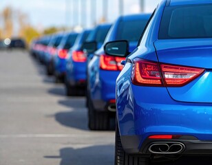 Row of Blue Cars in a Parking Lot Ready for Purchase or Rental