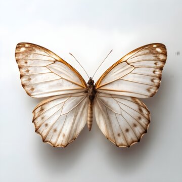 Beautiful white butterfly with delicate brown markings on white background