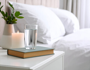 Cozy bedroom nightstand with a glass of water and a candle beside a book, promoting relaxation and calm in a serene environment.