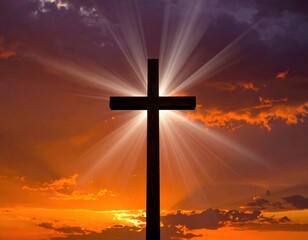 Illuminated Cross Against a Dramatic Sunset Sky Symbolizing Faith and Hope in Religious Context