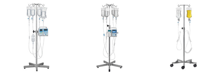 Trio of Mobile Medical IV Stands with Intravenous Fluid Bags and Electronic Infusion Pumps