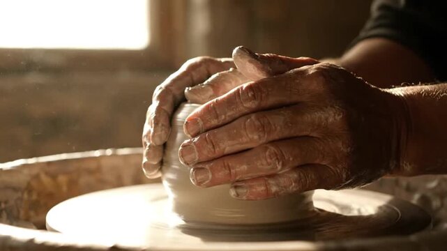 Close-up of a person's hands shaping a clay pot on a pottery wheel with natural light in a workshop.
