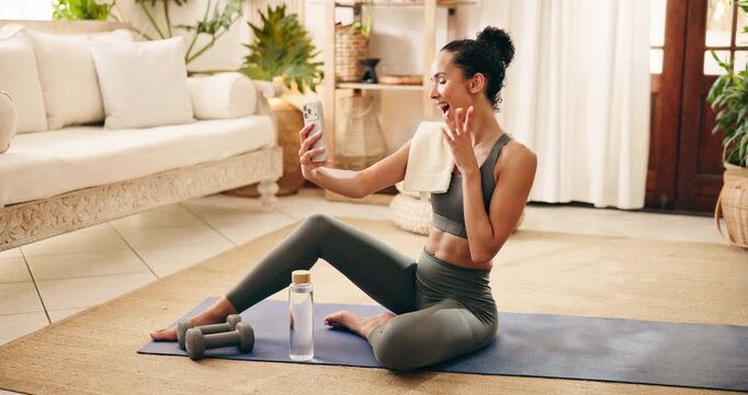 Selfie, fitness and woman with smile, home and post of exercise routine on web, laughing and healthy. Happiness, influencer and person with wellness, capture moment and picture of workout and flexing
