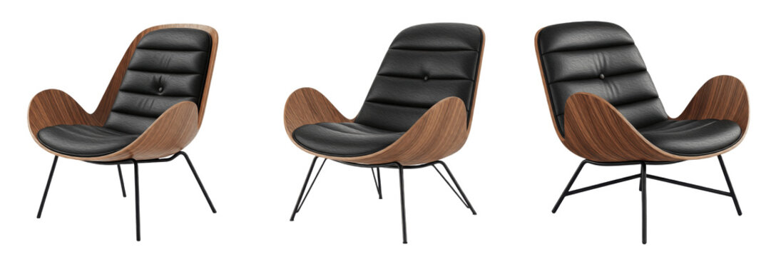 Set of Three Modern Wingback Armchairs with Blue Shell and Tan Leather Cushions on White Background