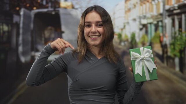 Young hispanic woman points finger to green gift box while holding present on a bustling city street; giving surprise joy.