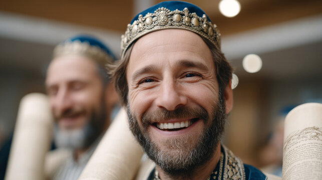 Simchat torah celebration at synagogue with joyful atmosphere and sacred scrolls