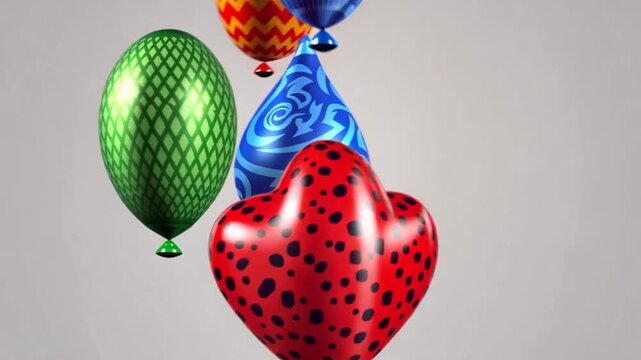 Colorful balloons floating above partly visible red balloon with black spots on gray background