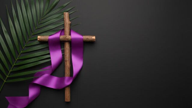 Lenten cross with purple ribbon and palm frond