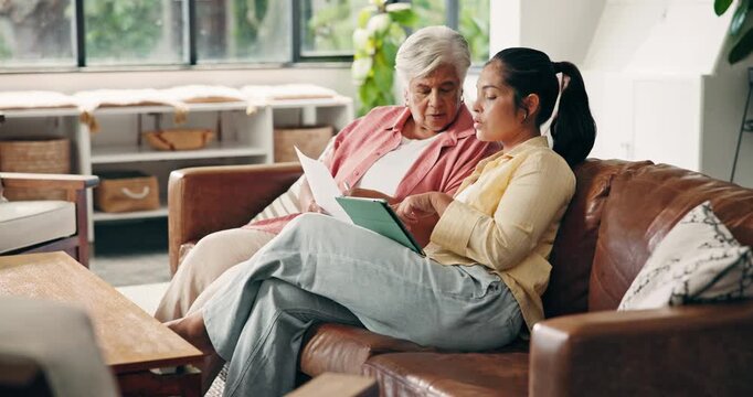 Tablet, document or senior mother with daughter in home, insurance registration or application discussion. Retirement planning, reading or people with tech for policy research, speaking or assistance