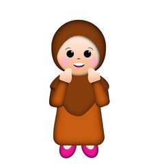 Obraz premium Smiling cartoon girl in brown hijab outfit, perfect for diverse illustrations, educational materials, childrens books, and cultural diversity themes.