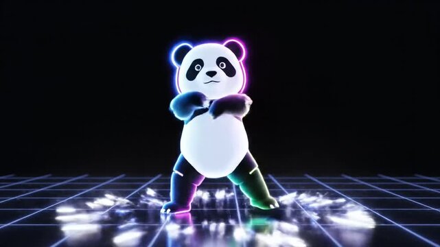 A neon-lit panda dancing on a futuristic grid floor, surrounded by glowing lights and reflections