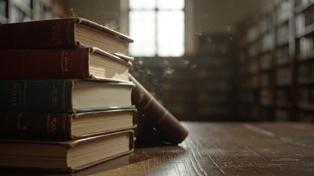 Close-up of stacked books on a wooden table in a library with a blurred bookshelf and window in the background, warm tones.