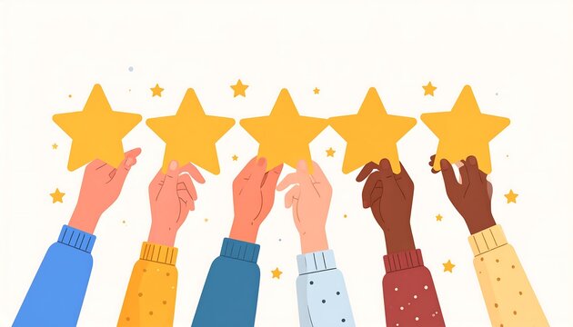 Illustration of diverse hands holding golden stars against a soft background