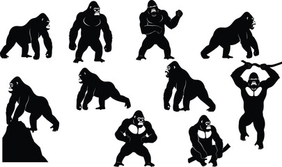 Black gorilla silhouette collection with silverback apes in powerful poses, cad drawing flat vector illustration, isolated on white background, jungle primate animal set © ShreeBani