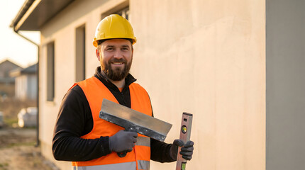 Smiling construction worker in hard hat and safety vest holding spatula and spirit level, professional builder standing in front of house under renovation