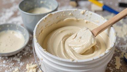 Close up of white bucket with decorative plaster or wall putty, mixing construction cream paste with wooden spatula for interior finishing works