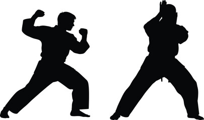 Martial arts silhouette set of fighters in karate and judo combat poses cad drawing flat vector illustration for sports and self defense concept, © ShreeBani