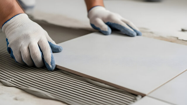 Professional builder hands installing ceramic tile on floor with adhesive glue, tiler worker laying gray tile during home renovation or bathroom remodeling