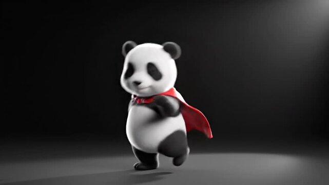 A dancing panda wearing a red cape stands alone on a dark floor illuminated by a spotlight.