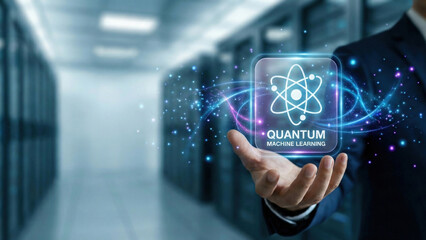 Fototapeta premium Quantum machine learning visual data server technology research concept glowing interface in hand futuristic ai innovation