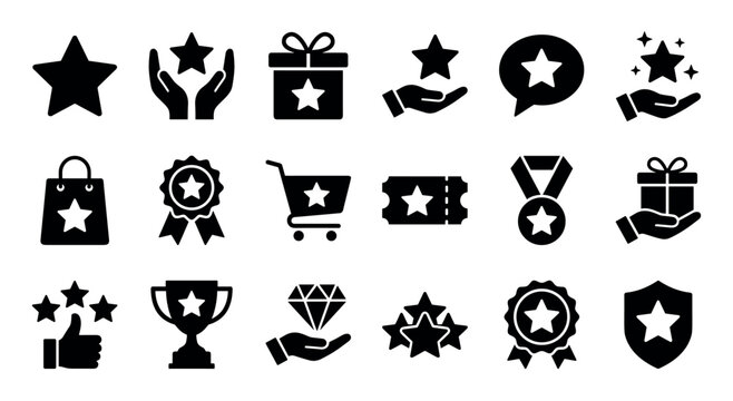 Collection of black glyph icons representing rewards, loyalty programs, and customer satisfaction, featuring symbols like a star, gift, medal, trophy, and shopping cart