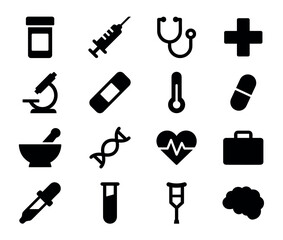 Fototapeta premium Set of black solid medical icons representing healthcare, science, and medicine, featuring a syringe, stethoscope, microscope, DNA, and other essential health symbols