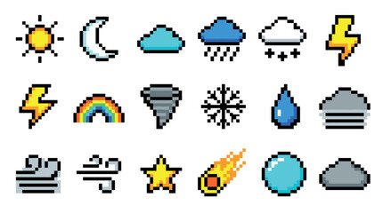 Set of pixel art weather icons featuring sun, moon, cloud, rain, snow, lightning, and tornado in a retro 8-bit video game style for digital design and interface elements