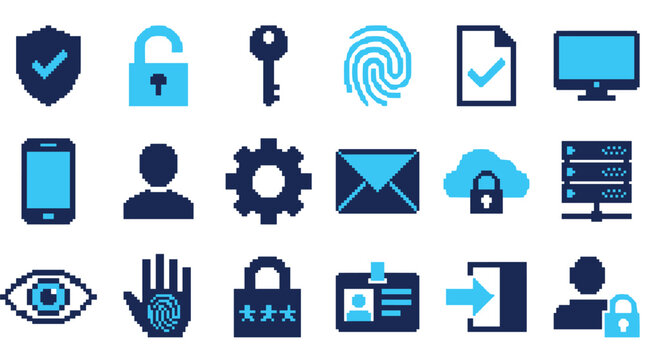 Set of retro 8-bit pixel art icons in blue tones illustrating digital security, user authentication, and information protection with various symbolic representations